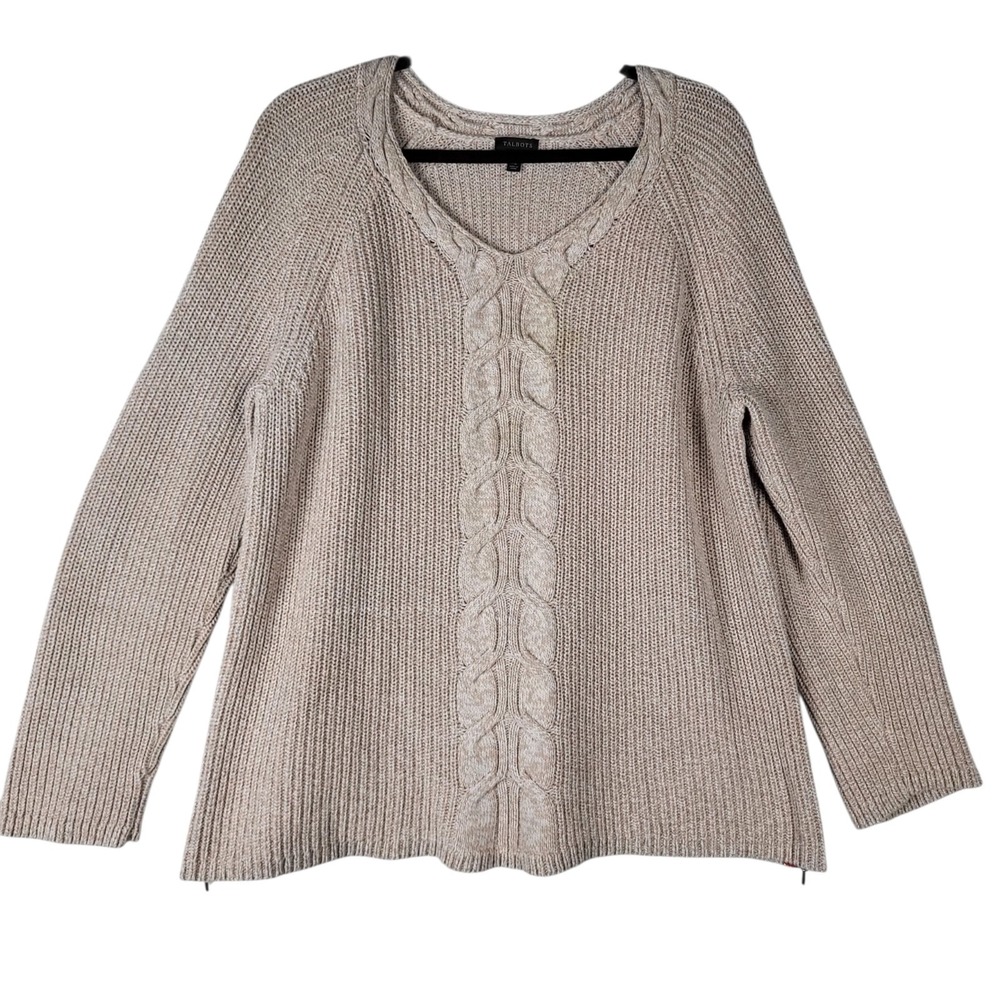 Talbots Cable Knit Sweater Women's XL Beige Zipper Sides V Neck Coastal Soft